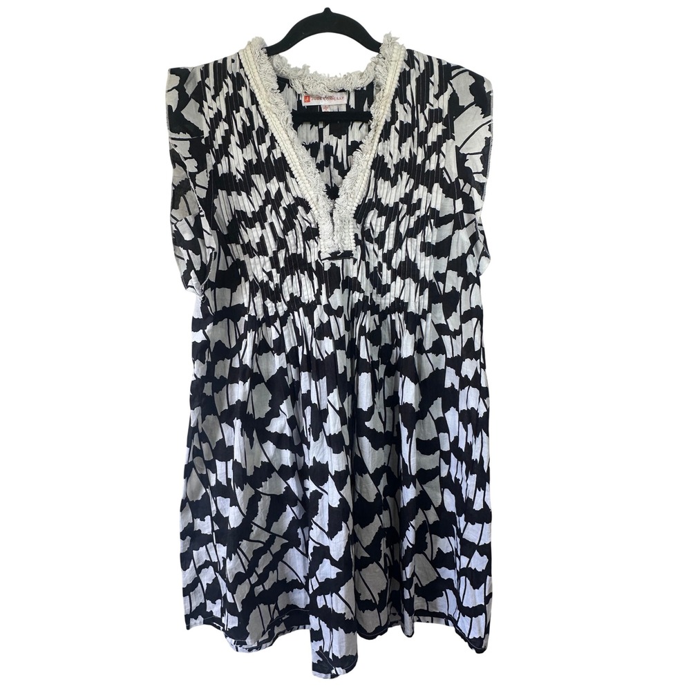 Jude Connally Larissa Dress Black White Print Sleeveless Fringed V Neck